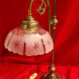 large 1900 brass lamp and cut and opaque glass lampshade, 53x25 original elec,