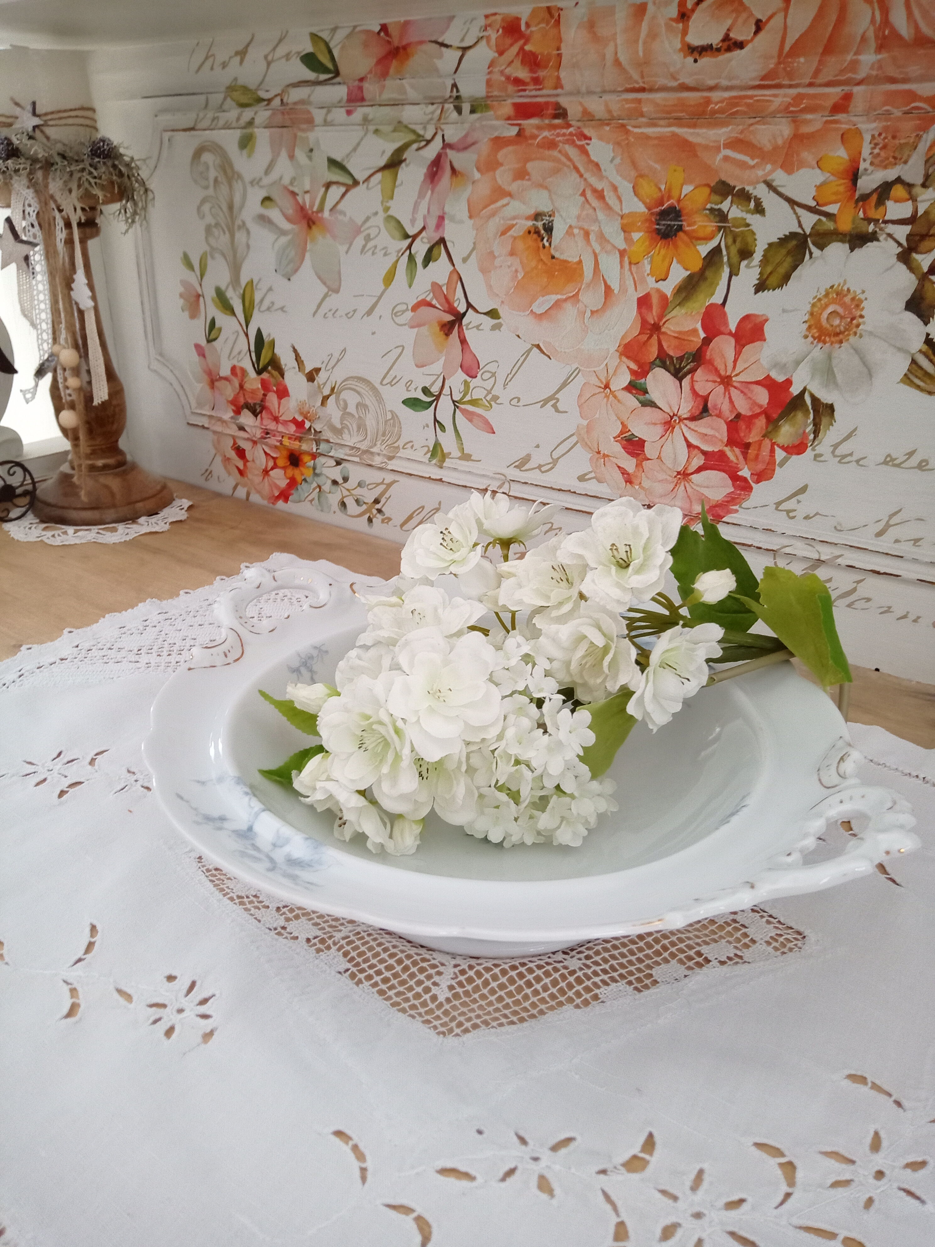 Compotier on porcelain pedestal decoration pale blue flowers