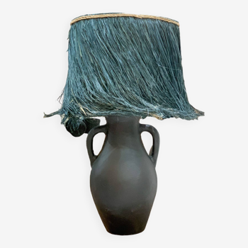 Black terracotta lamp and blue raffia lampshade