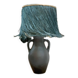Black terracotta lamp and blue raffia lampshade