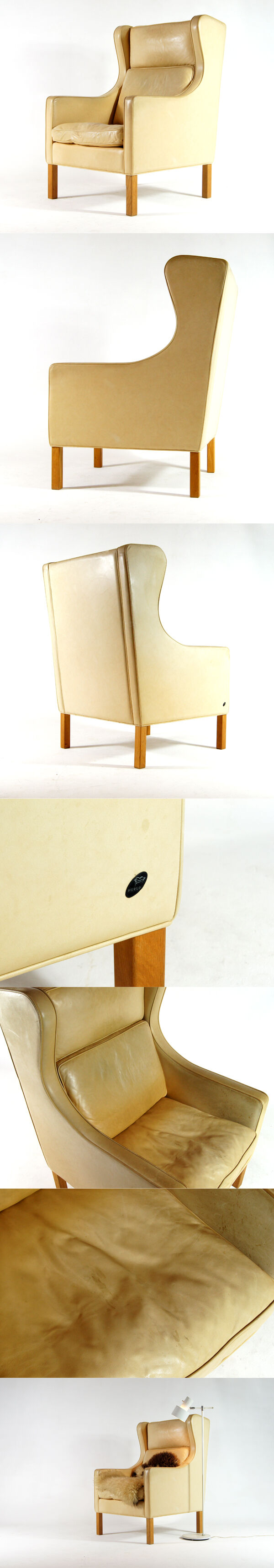 Danish oak & leather lounge wingback chair 70s