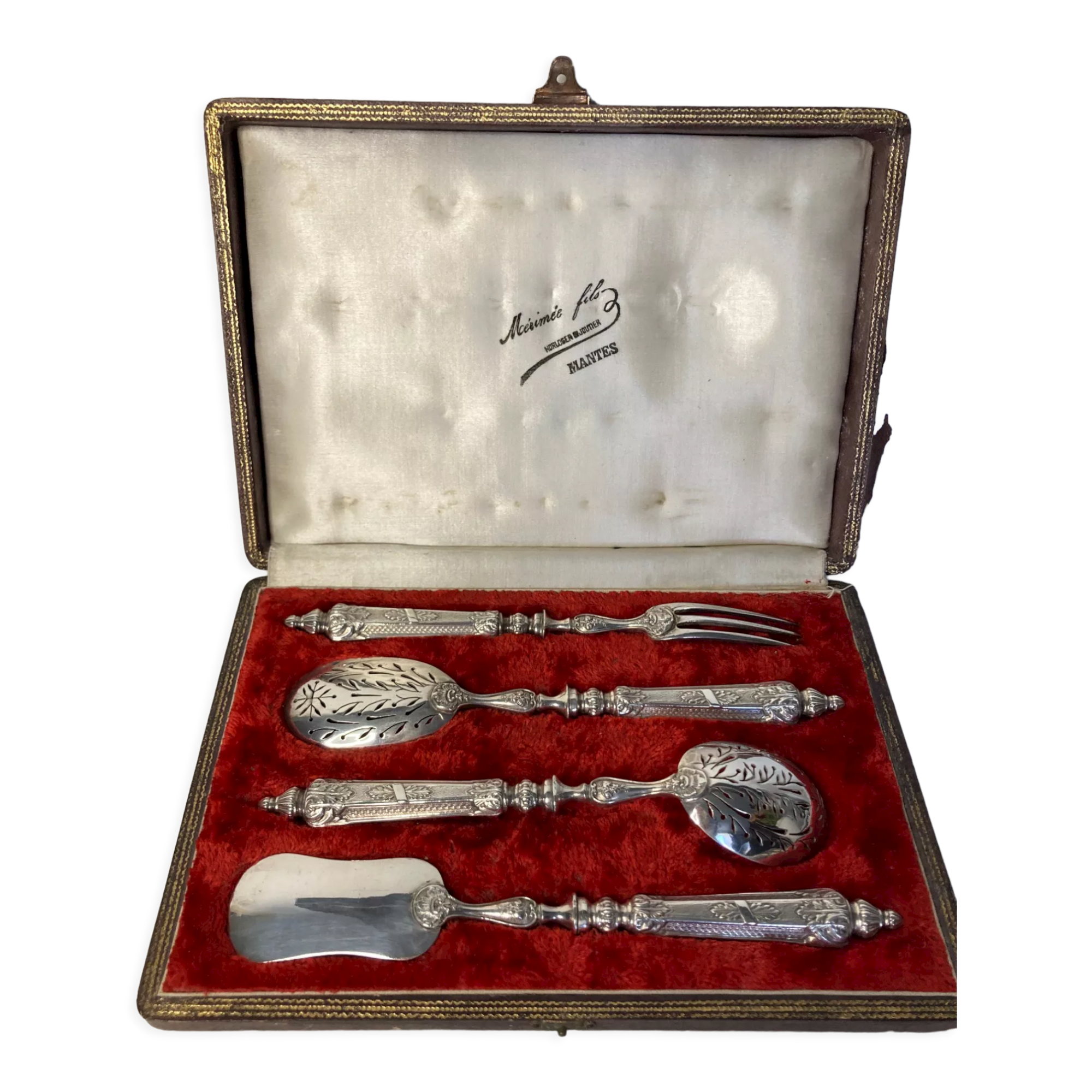 Old candy confectionery service 4 pieces silver metal case XIXth