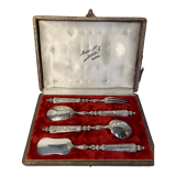 Old candy confectionery service 4 pieces silver metal case XIXth