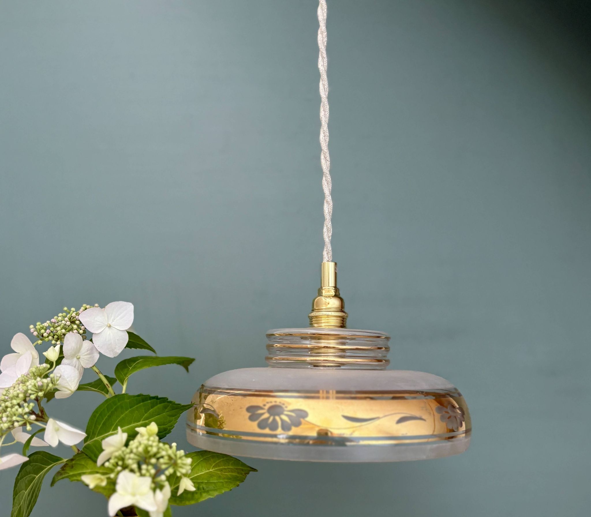 Vintage frosted glass pendant lampshade with gold frieze