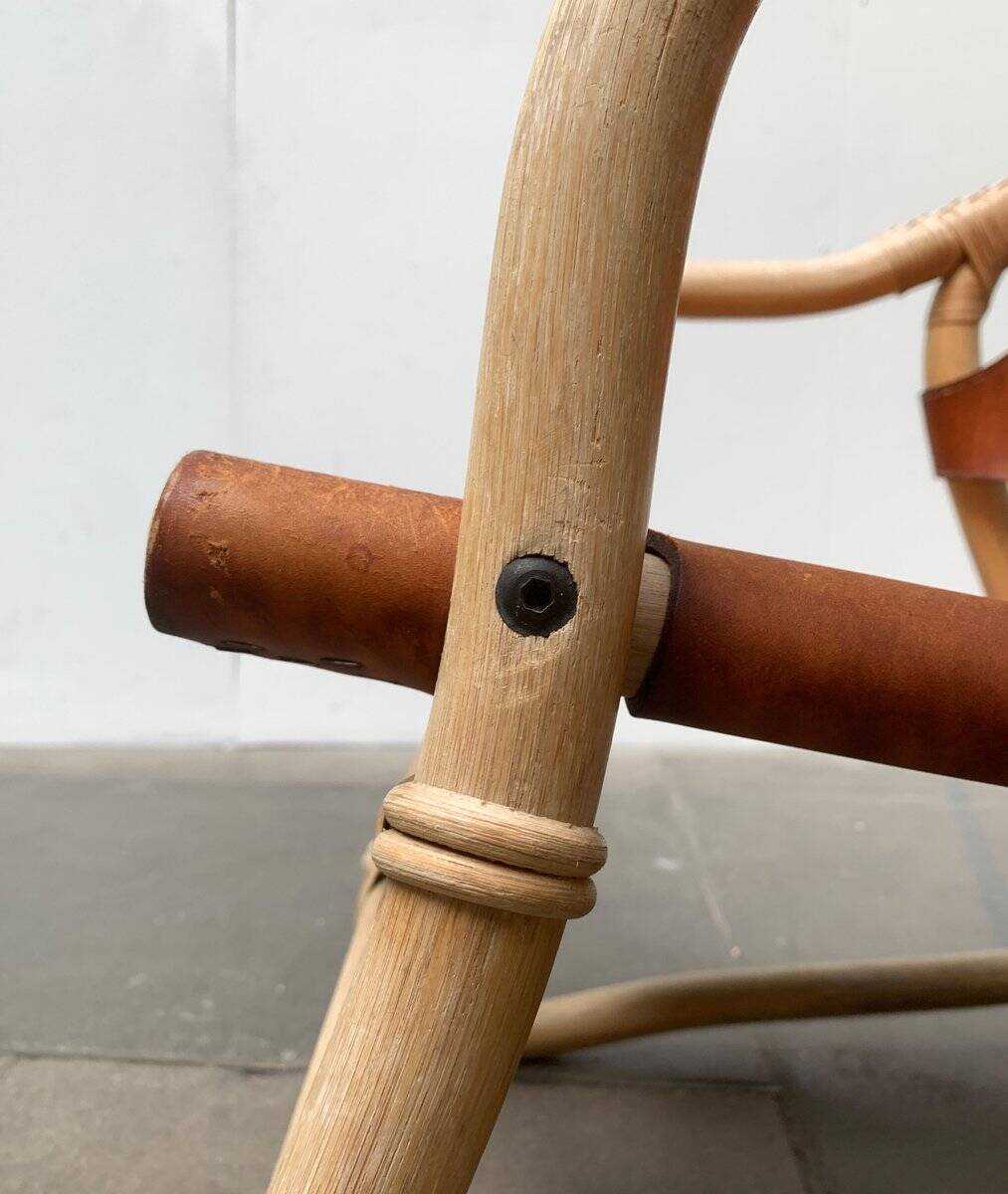 Mid-century safari lounge chair in bamboo and Danish leather, 1960s.