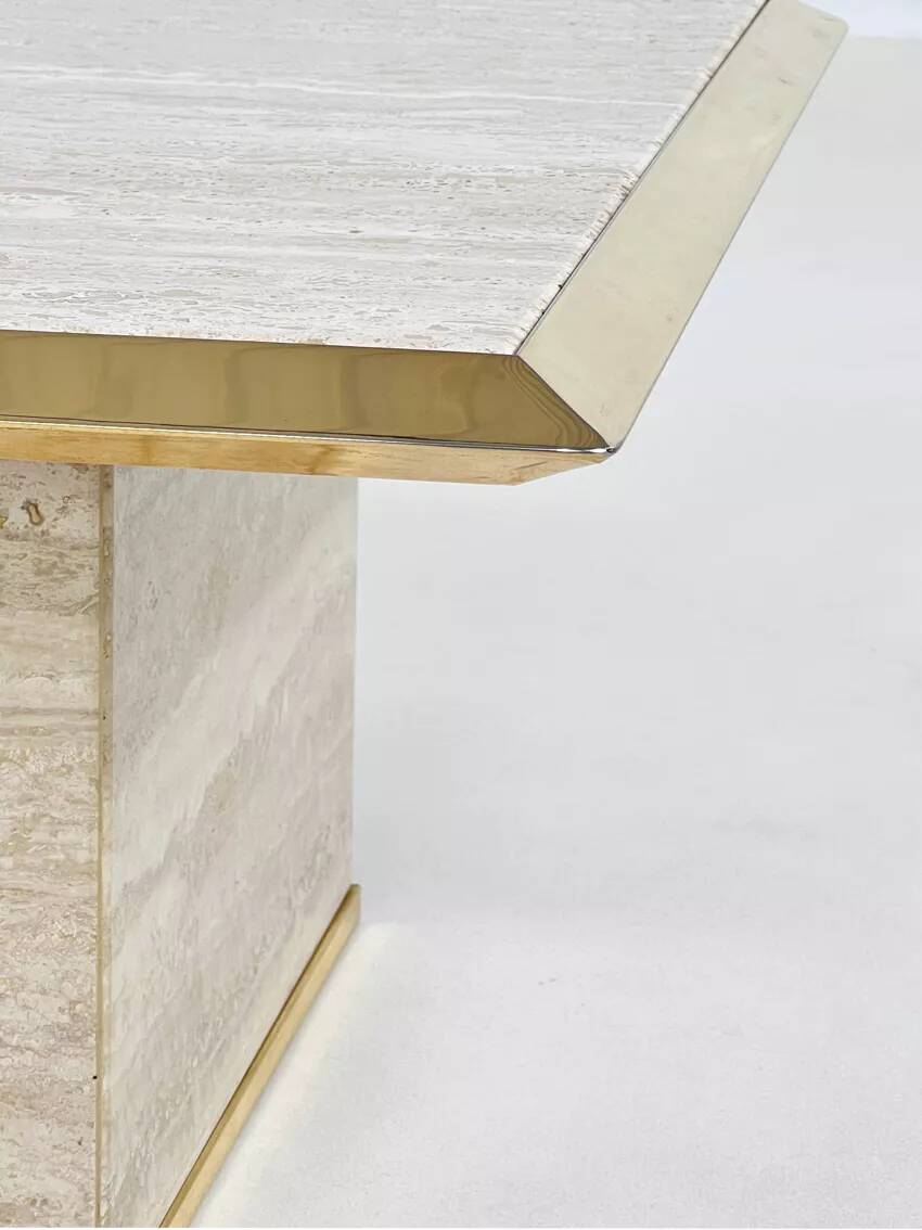 1970s square coffee table in travertine and brass
