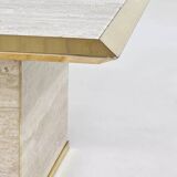 1970s square coffee table in travertine and brass