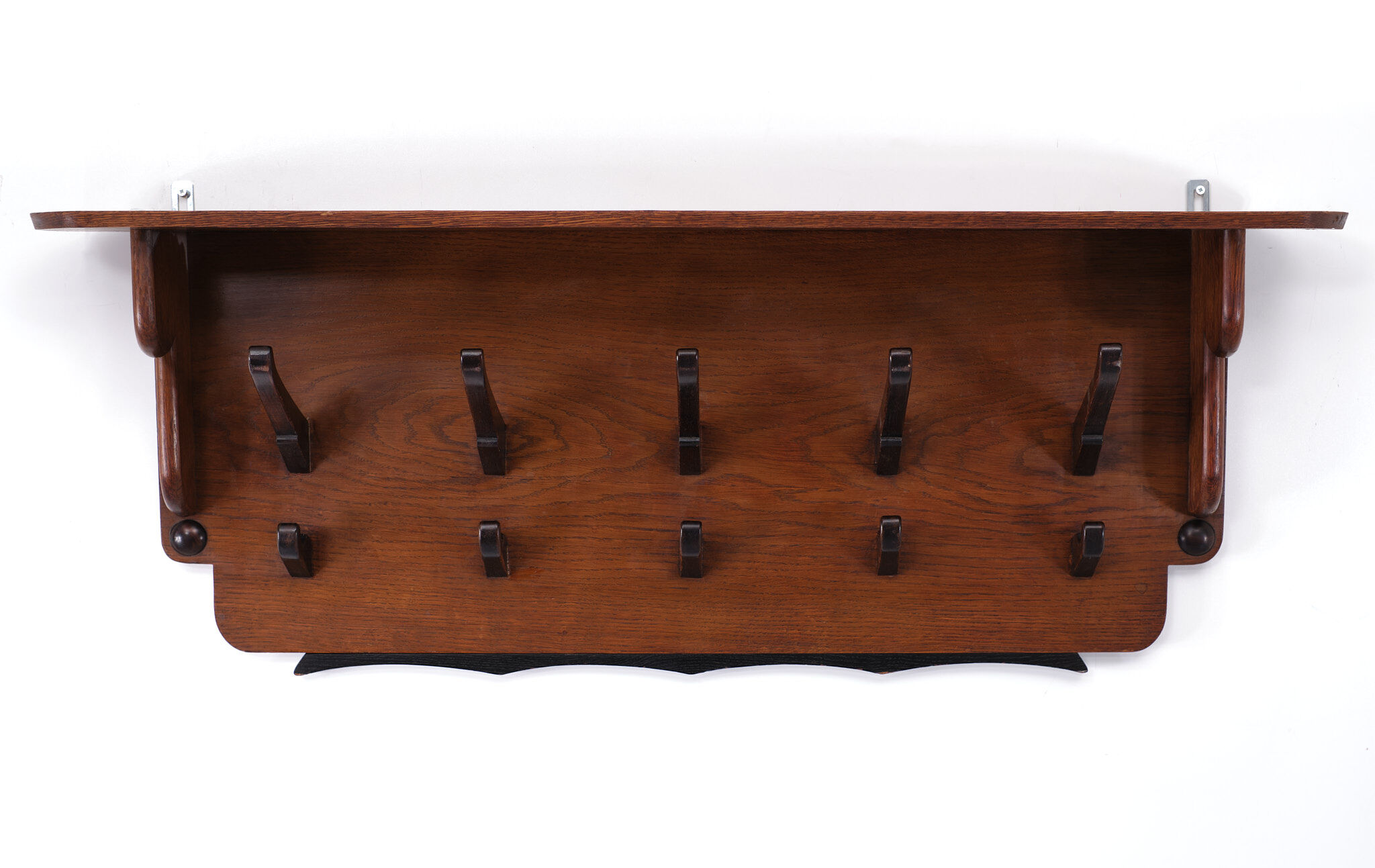 Art deco solid oak wall coatrack, Dutch, 1925