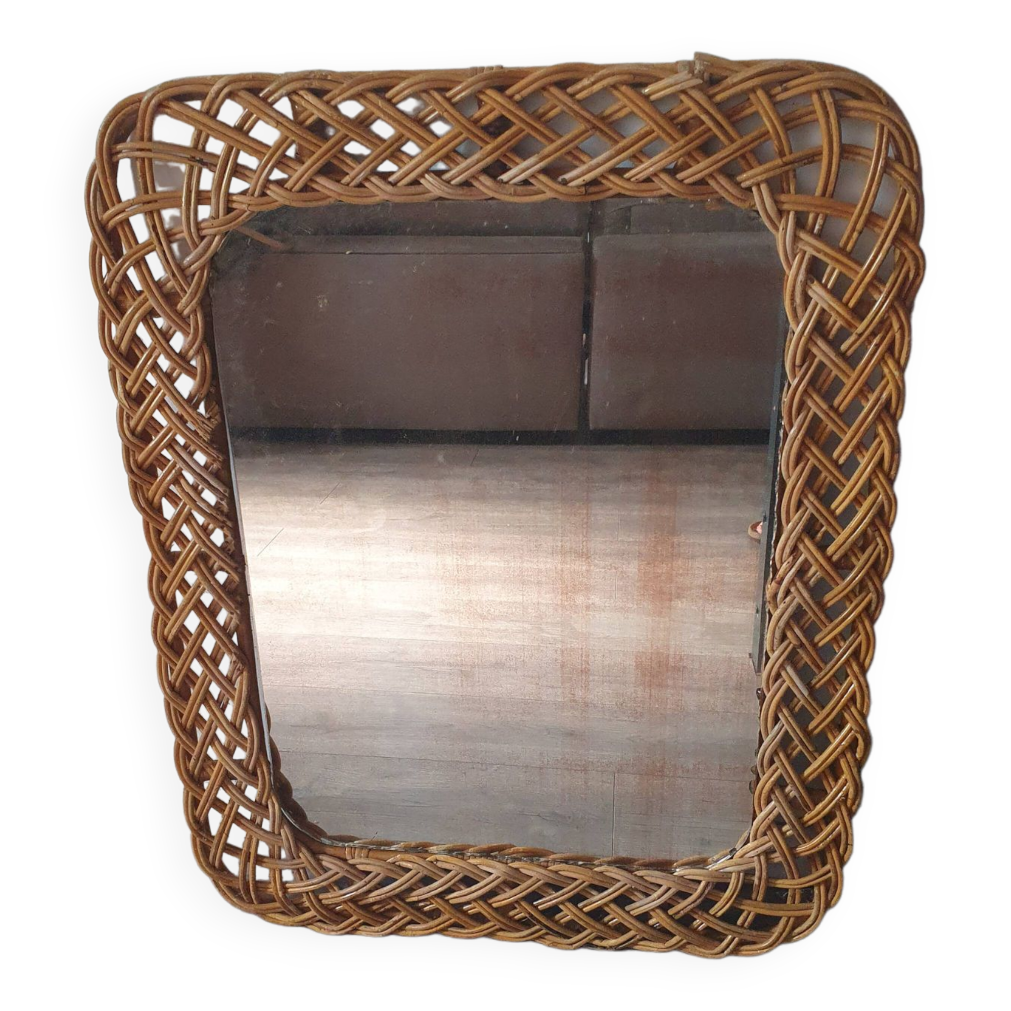 large vintage mirror in woven rattan 66 86 cm with some defects