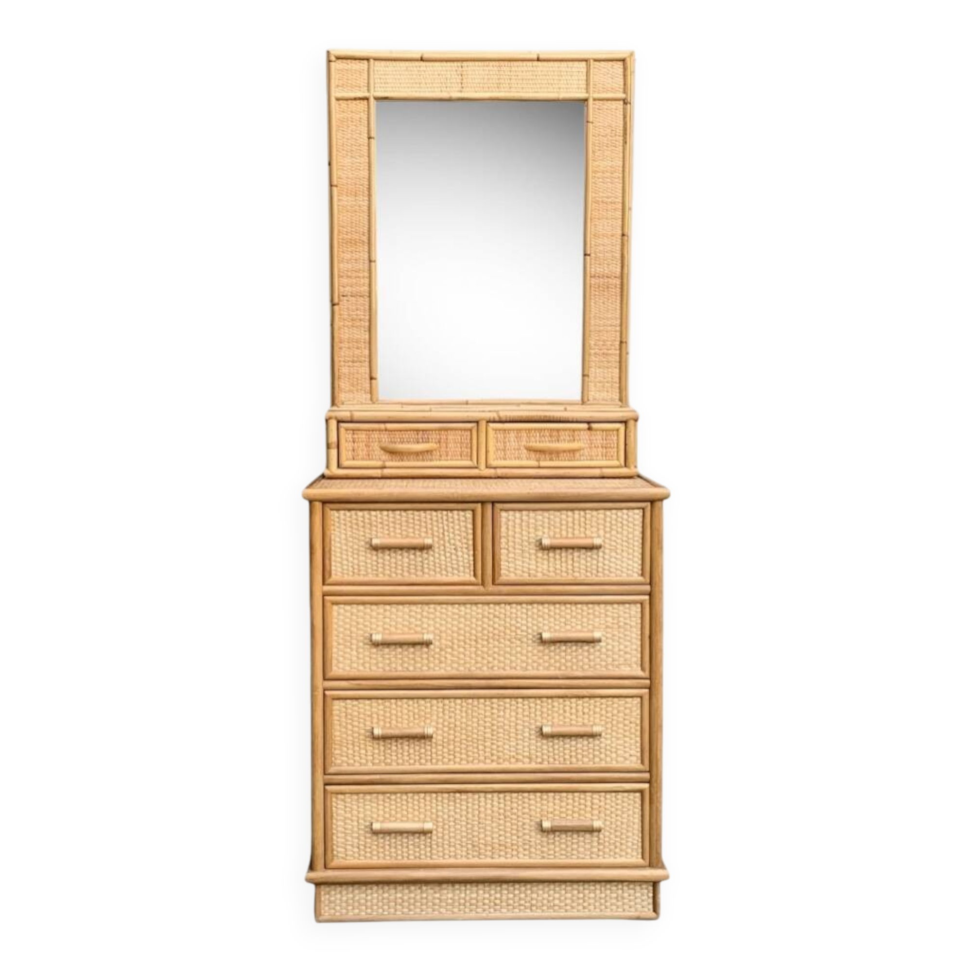 Rattan and woven wicker chest of drawers and mirror, 1970