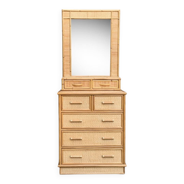Commode et miroir en rotin et osier tressé 1970