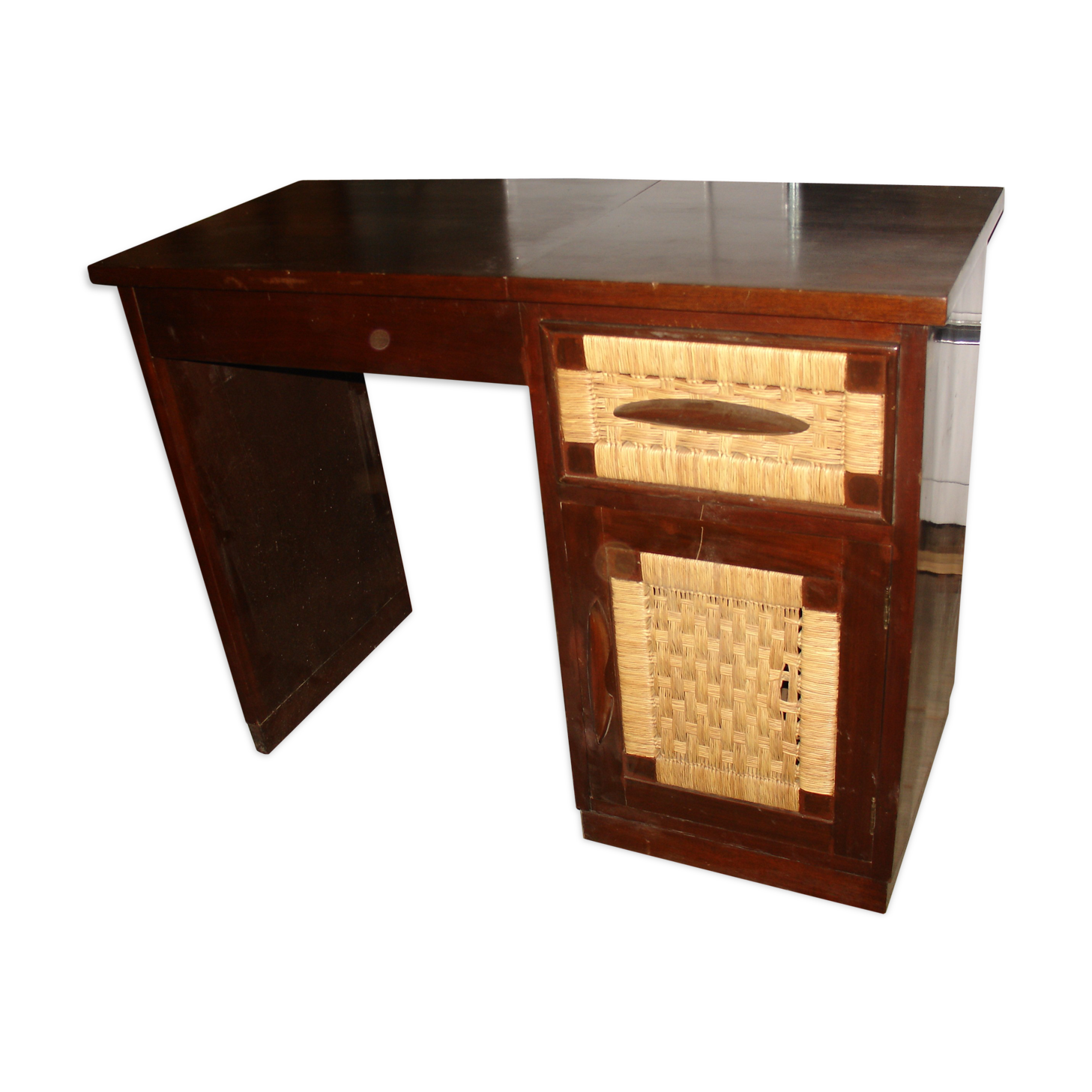 Dressing table in mahogany and straw, made in Mexico in 1959
