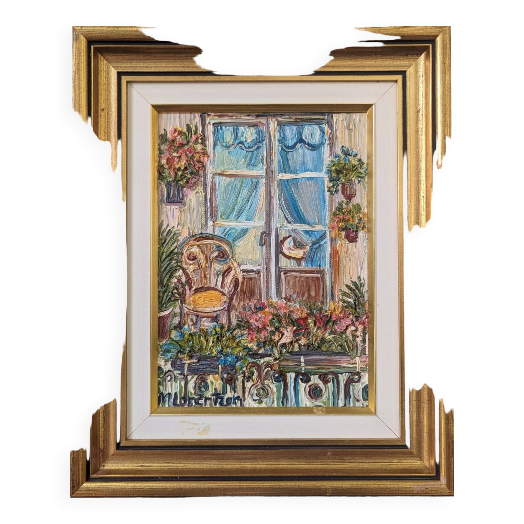 Mid-Century Modern Swedish "Balcony Garden" Vintage Oil Painting, Framed