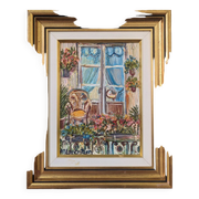 Mid-Century Modern Swedish "Balcony Garden" Vintage Oil Painting, Framed