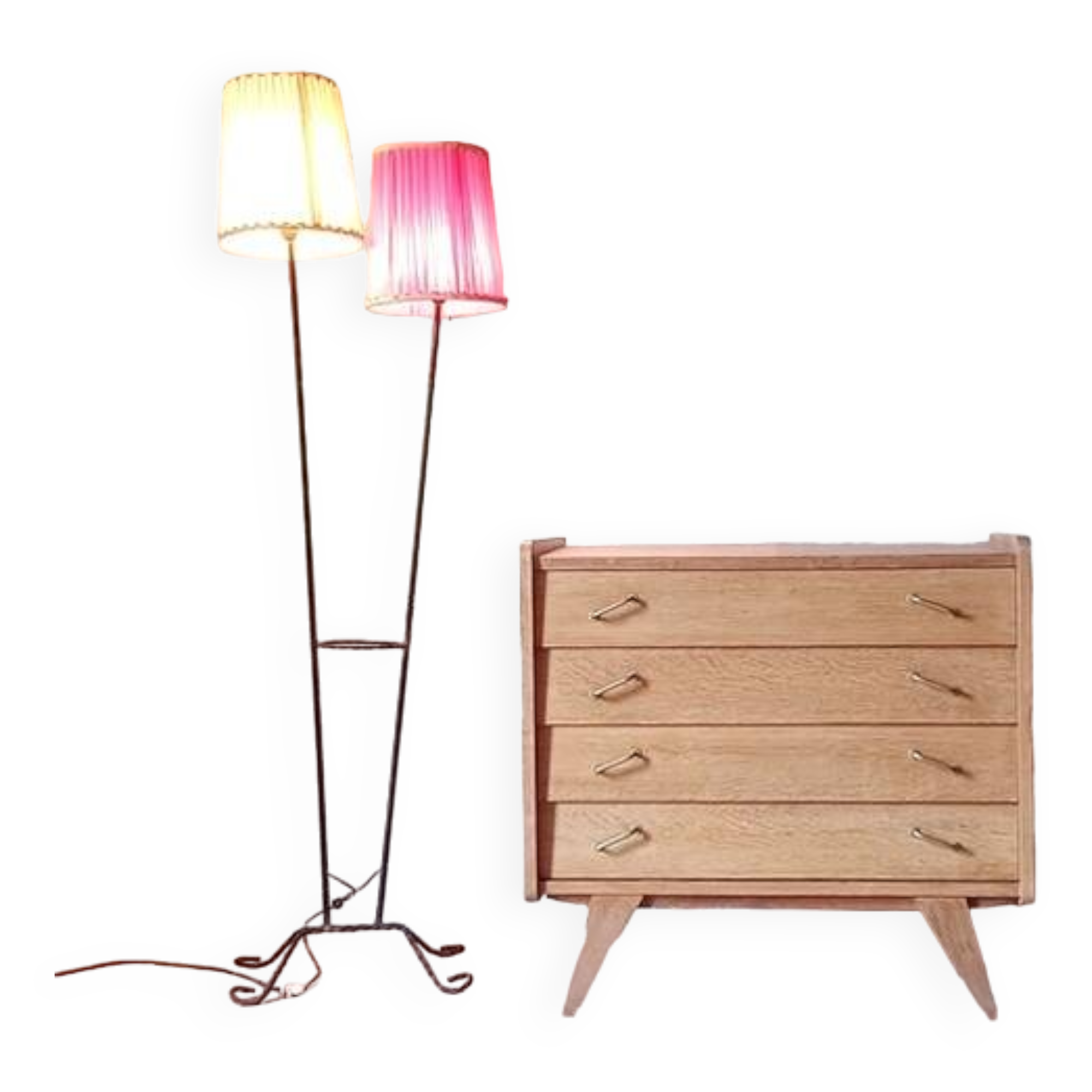 Renovated vintage chest of drawers with compass legs in light gilded wood, 1950-1960