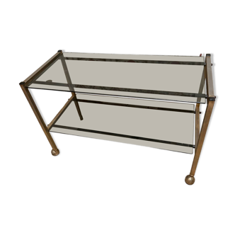 Meuble tv Console en métal doré et verre fumé roulante des années 1970