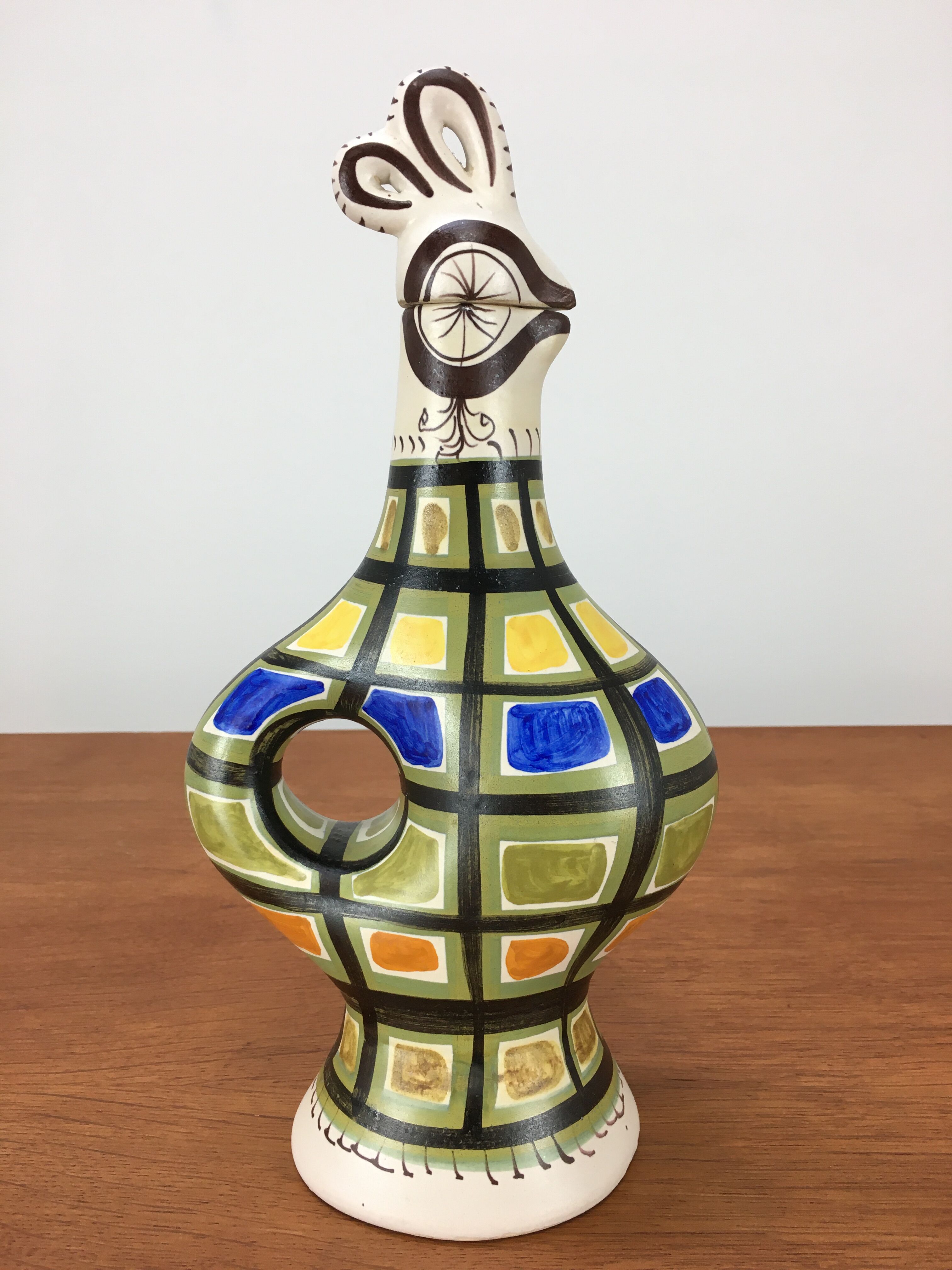 50s André L'Helguen ceramic rooster bottle for Keraluc Quimper