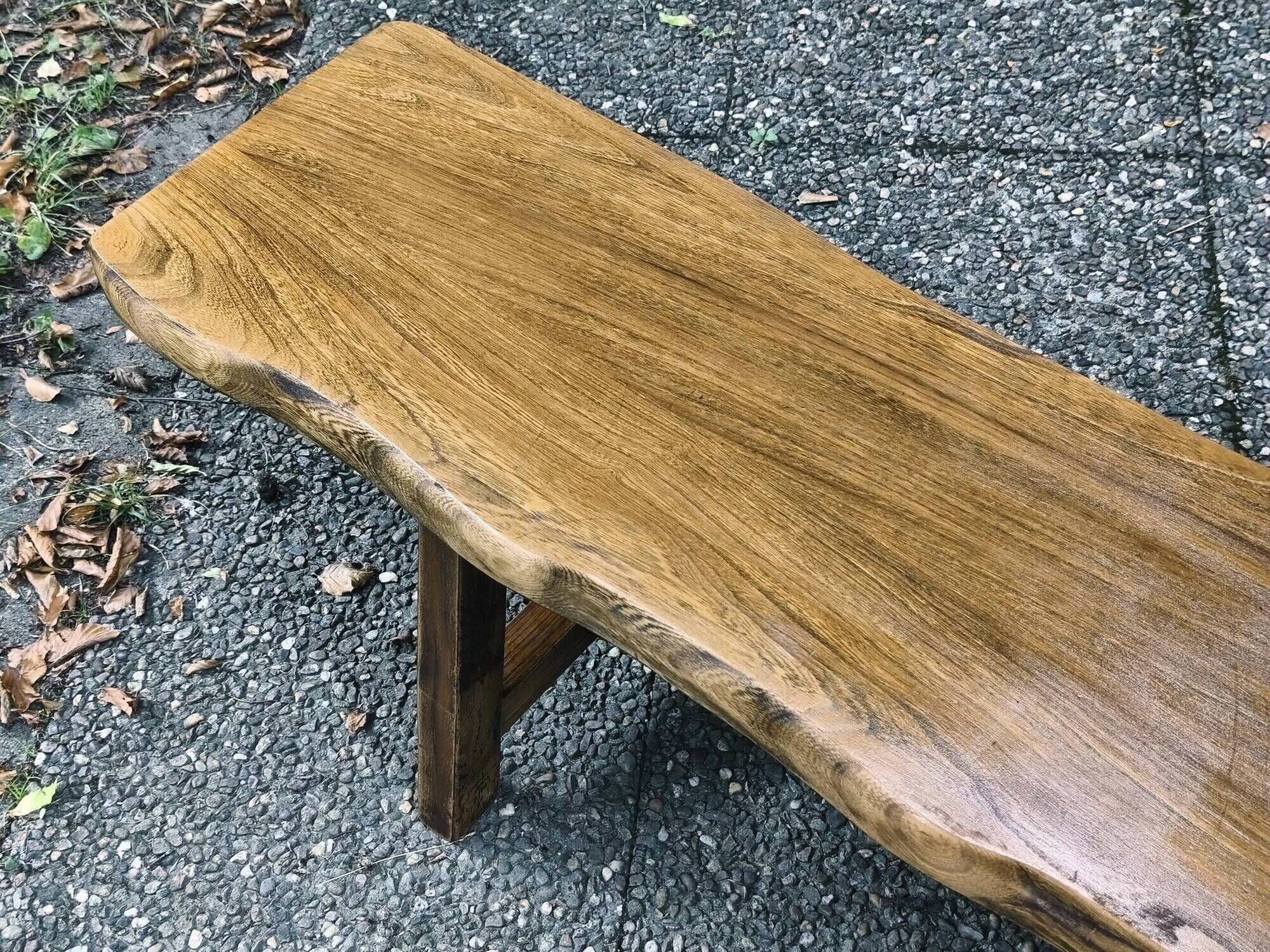Pair of brutalist benches in solid blond elm by Aranjou, France, 1970s