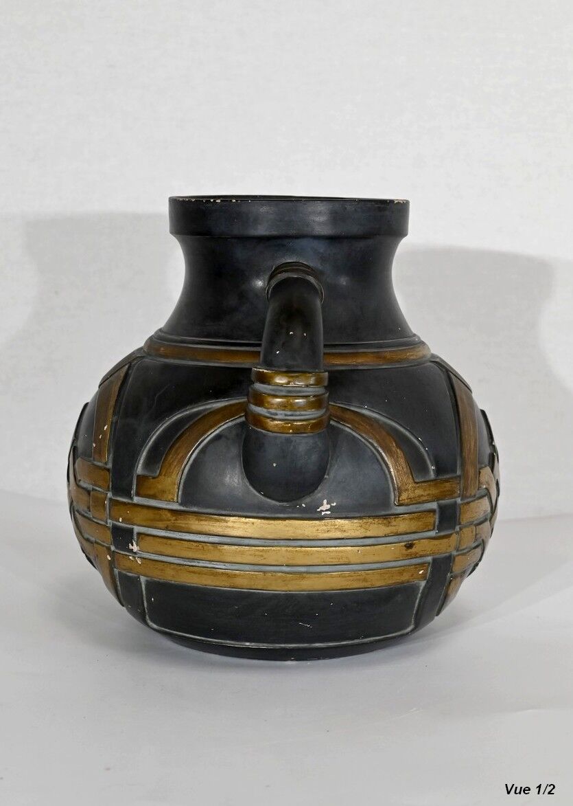 Terracotta vase anthracite and golden 1900