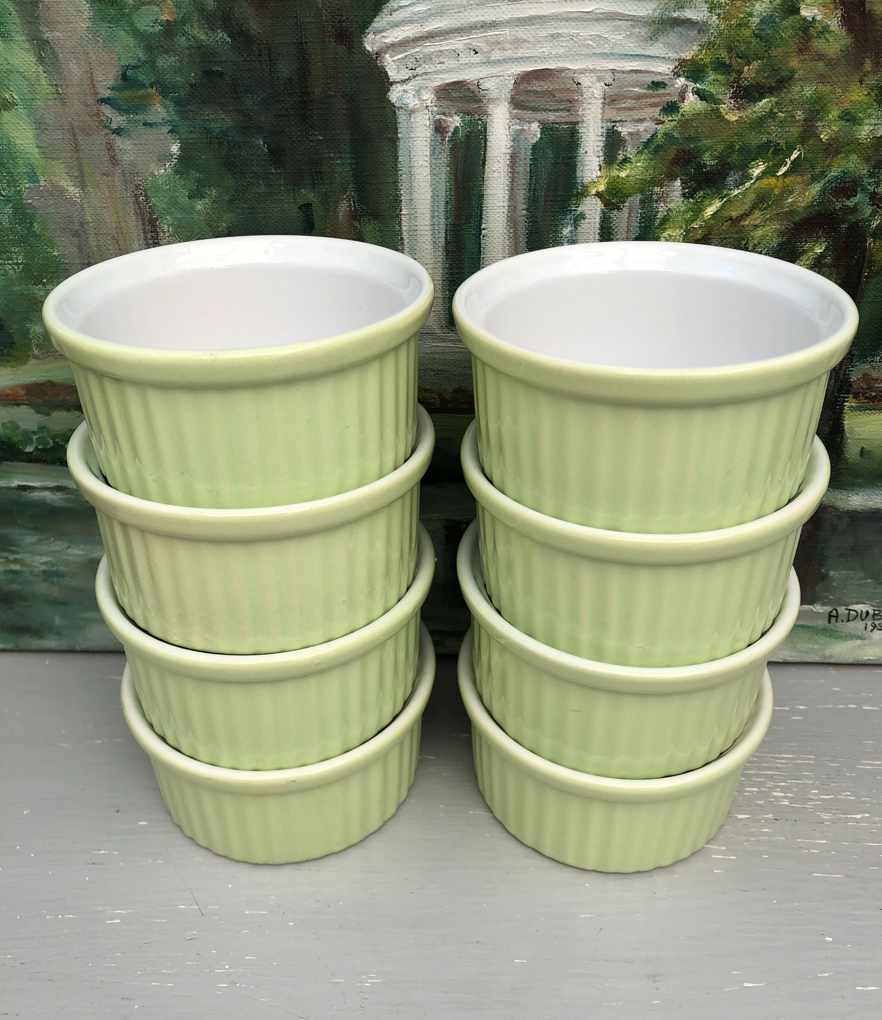 Set of 8 pastel green ramekins (anise) signed France