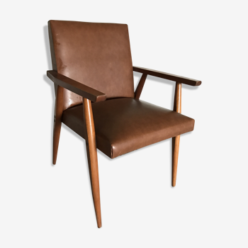 Fauteuil scandinave années 60 en skaï marron