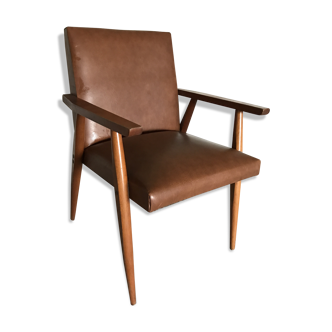 Fauteuil scandinave années 60 en skaï marron