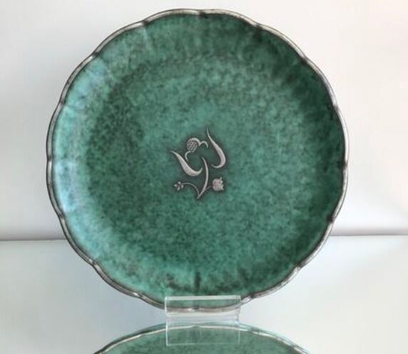 Plate with silver flowers inlay signed Gustavsberg's Argenta
