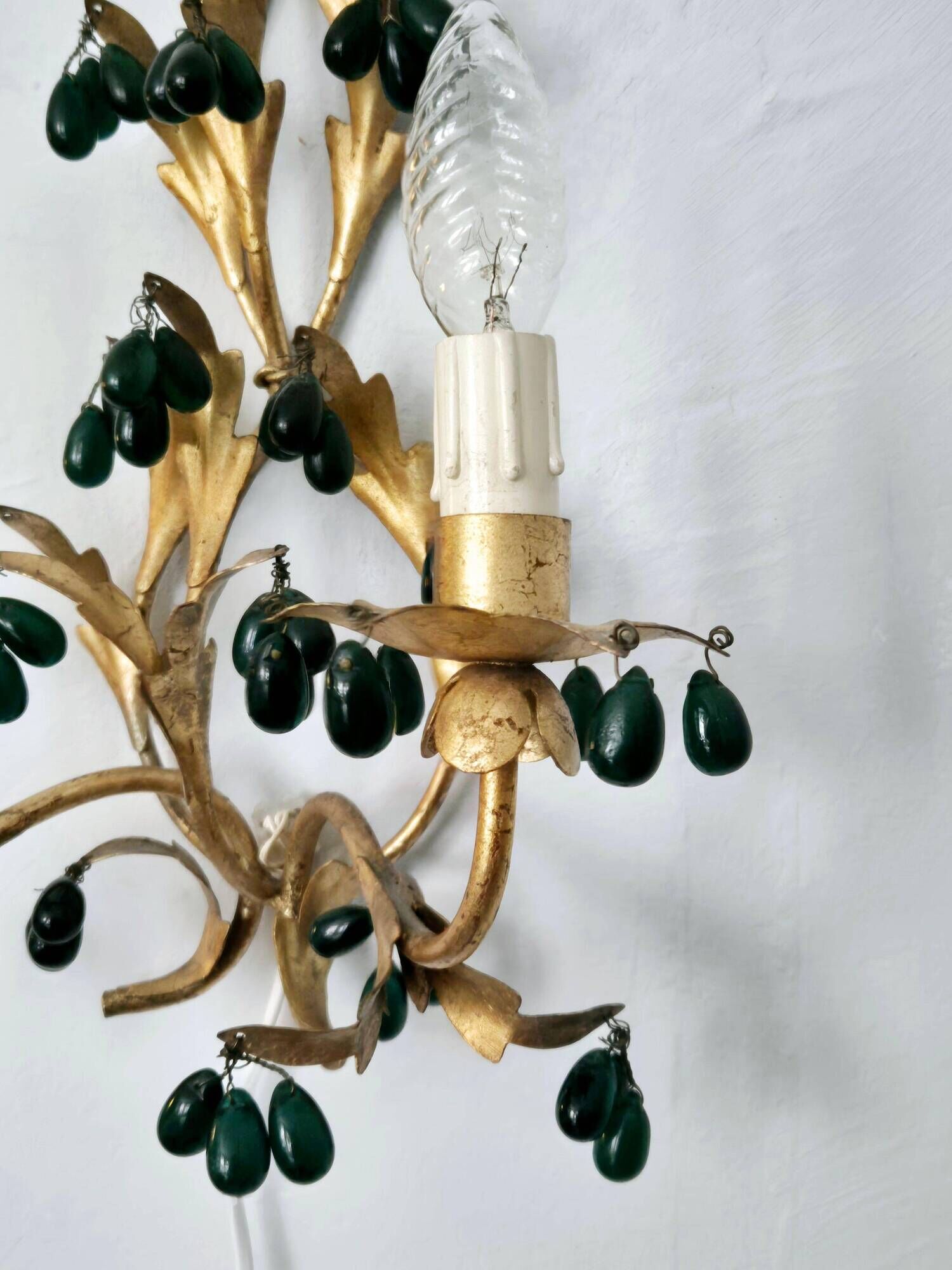 Lights, gold metal with green glass drops, Italy mid-1900s Regency.