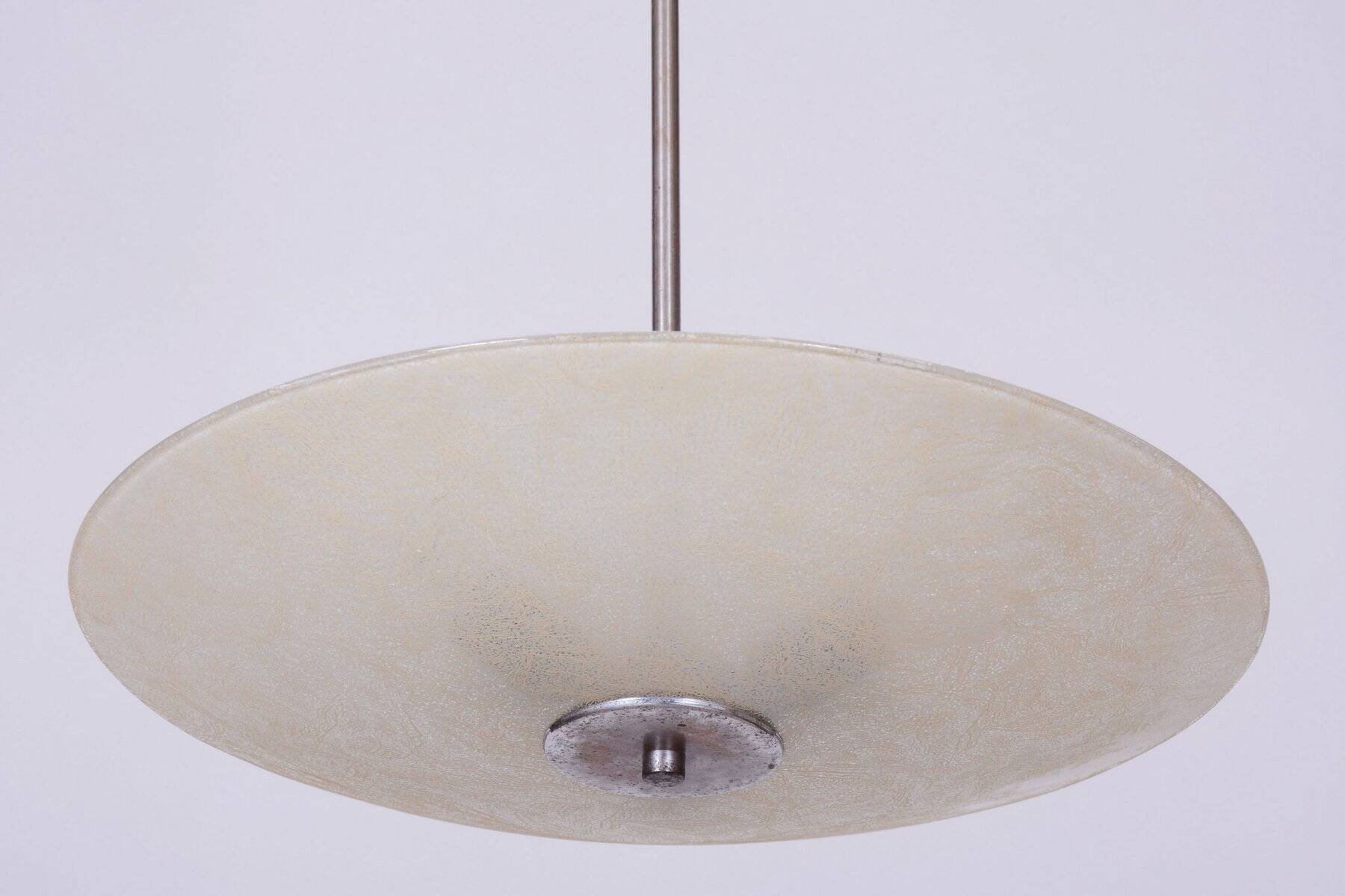 Bauhaus Chandelier in Chrome, Steel and Frosted Glass, Czech, 1940s