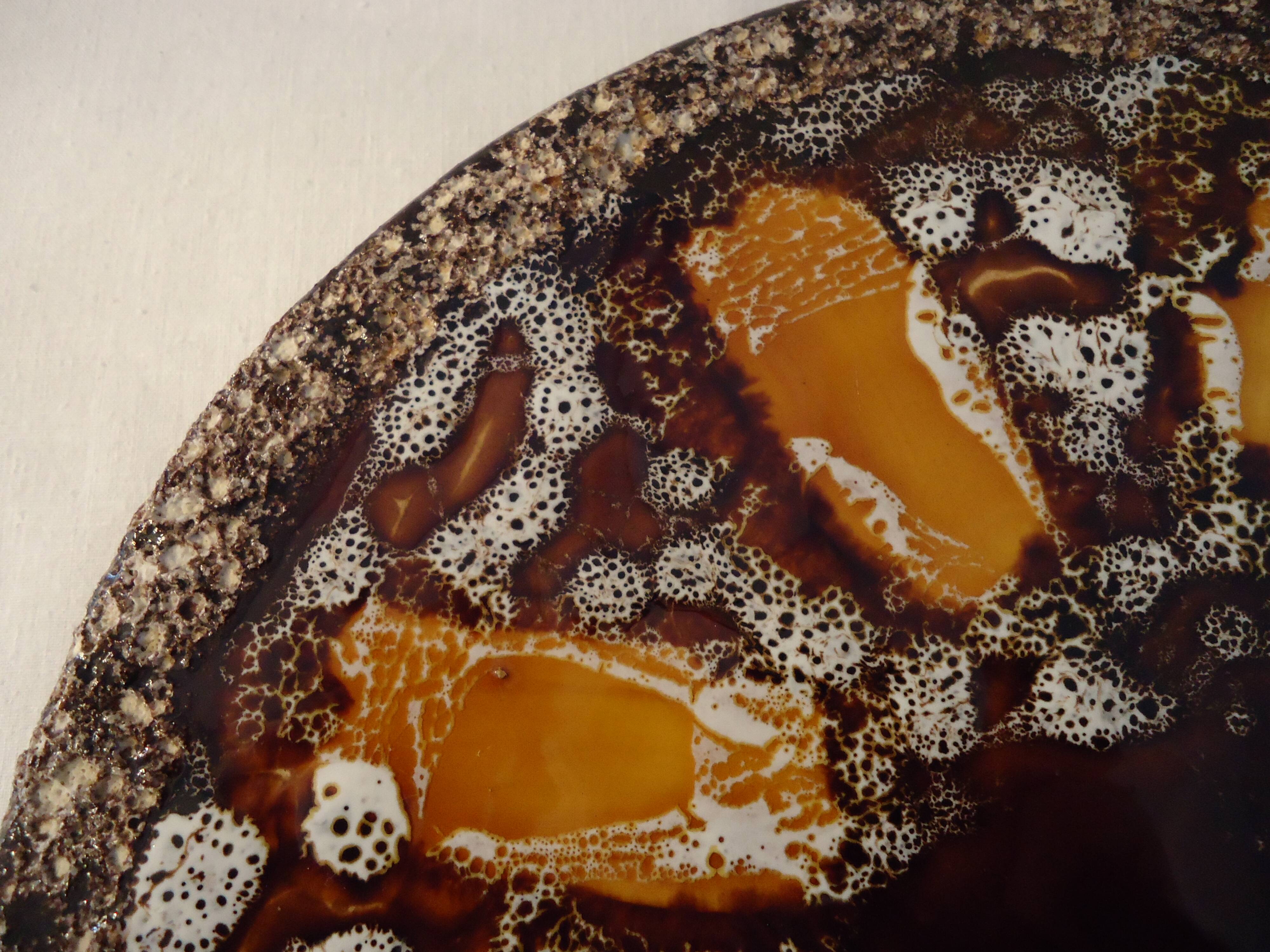 Round plate Vallauris glazed ceramic in brown and orange and Fat Lava A036