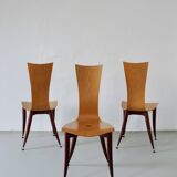 3 plywood burgundy legs chairs | Italy | 1980s