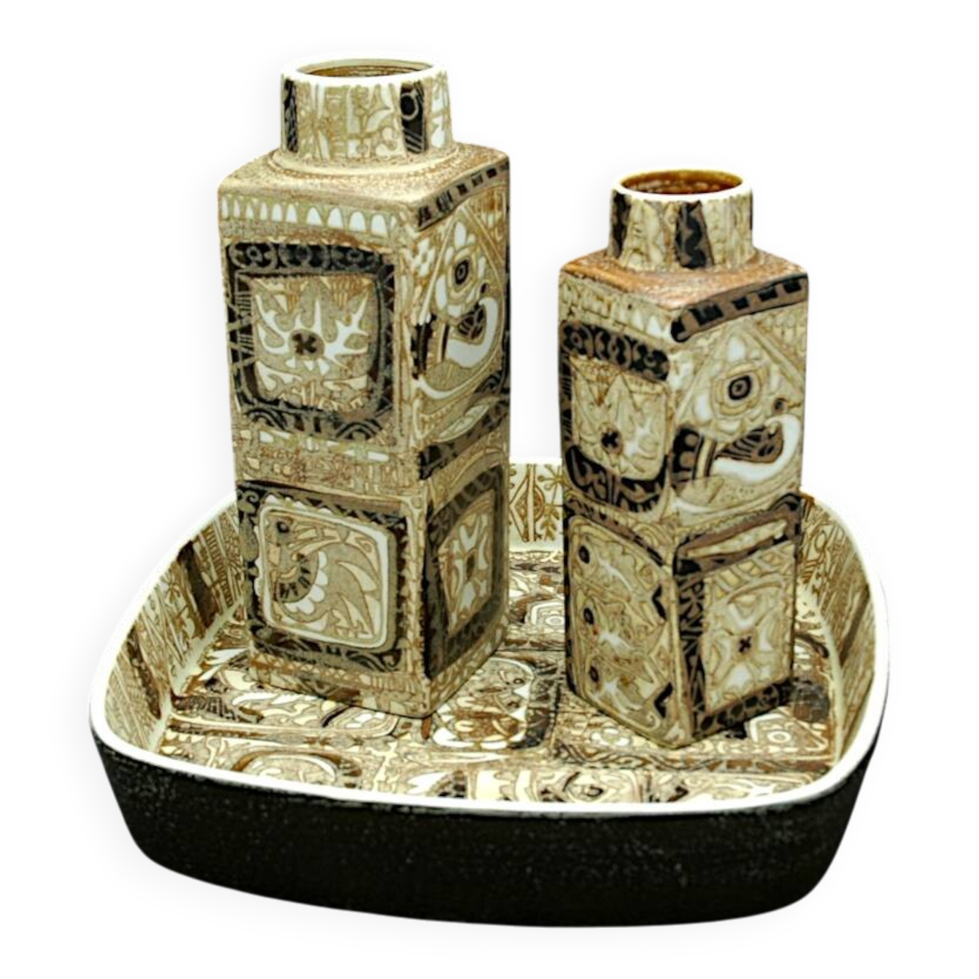 Set of 2 vases and 1 tray signed nils thorsson