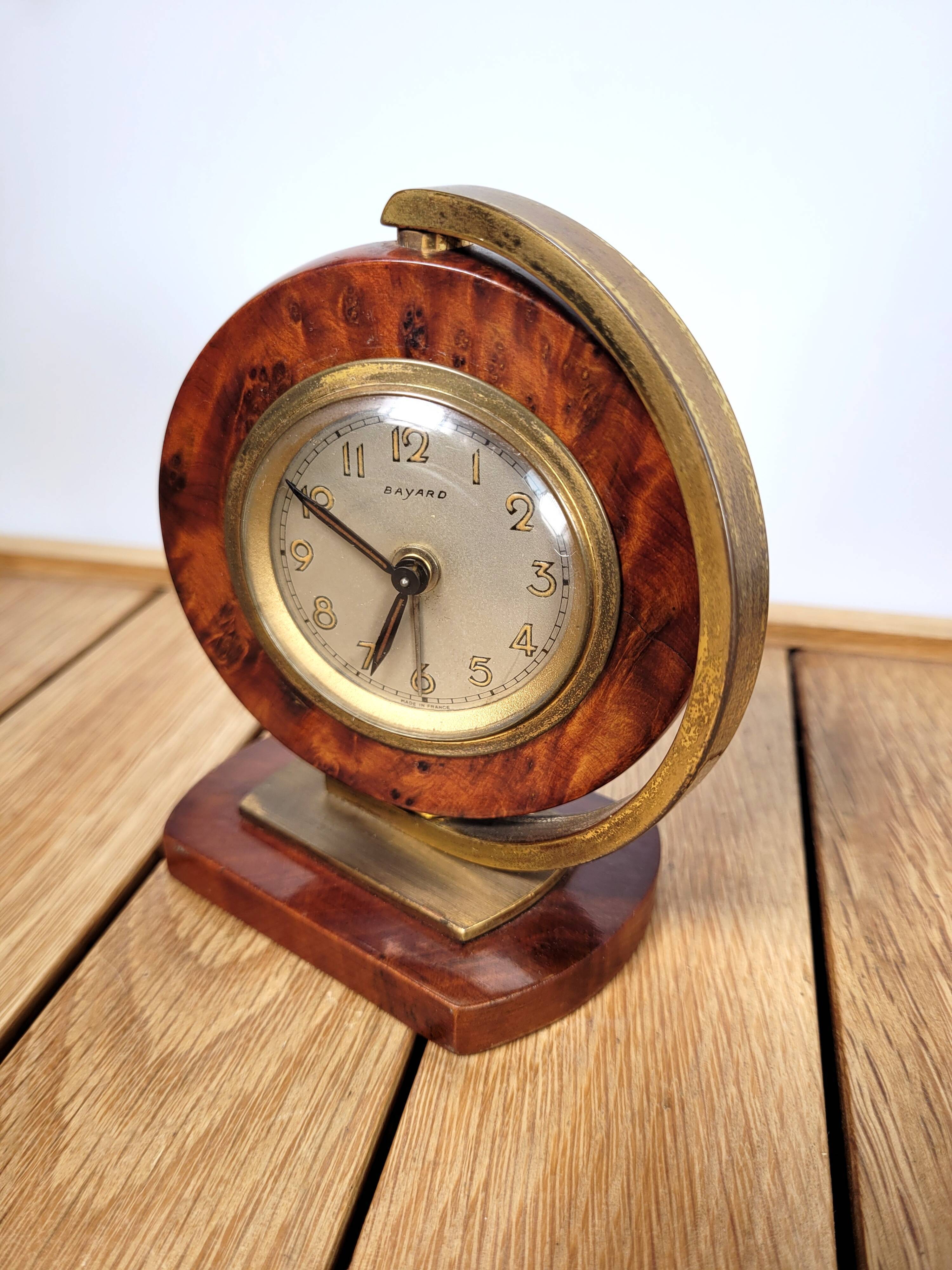 Alarm clock Bayard 1950 walnut and brass
