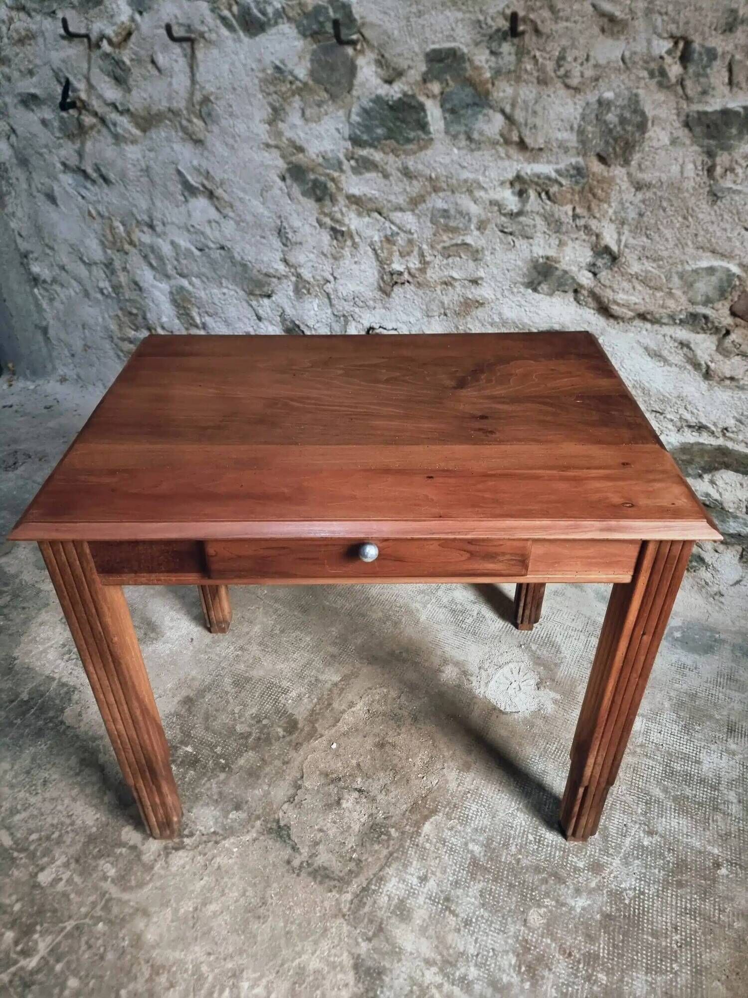 Vintage French walnut writing desk, 1950s Art Deco style, table with drawer, compact desk or side table