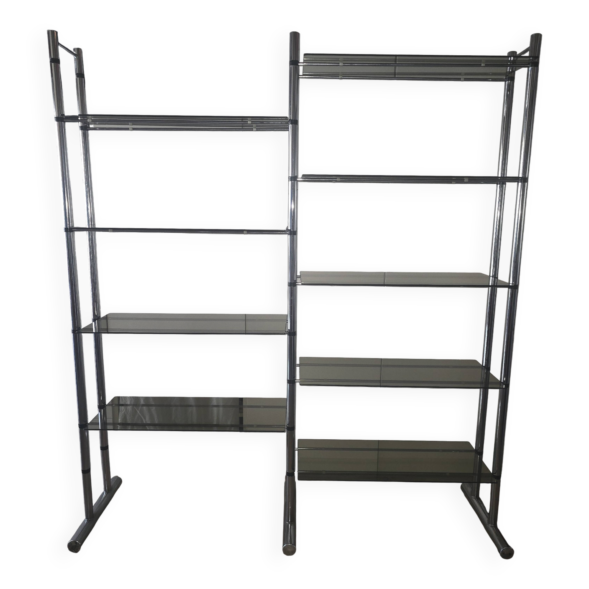 Large vintage double bookshelf from the 70s with chrome and smoked glass.