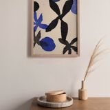 Painting on paper 30x40cm illustration of blue and black flowers signed eawy