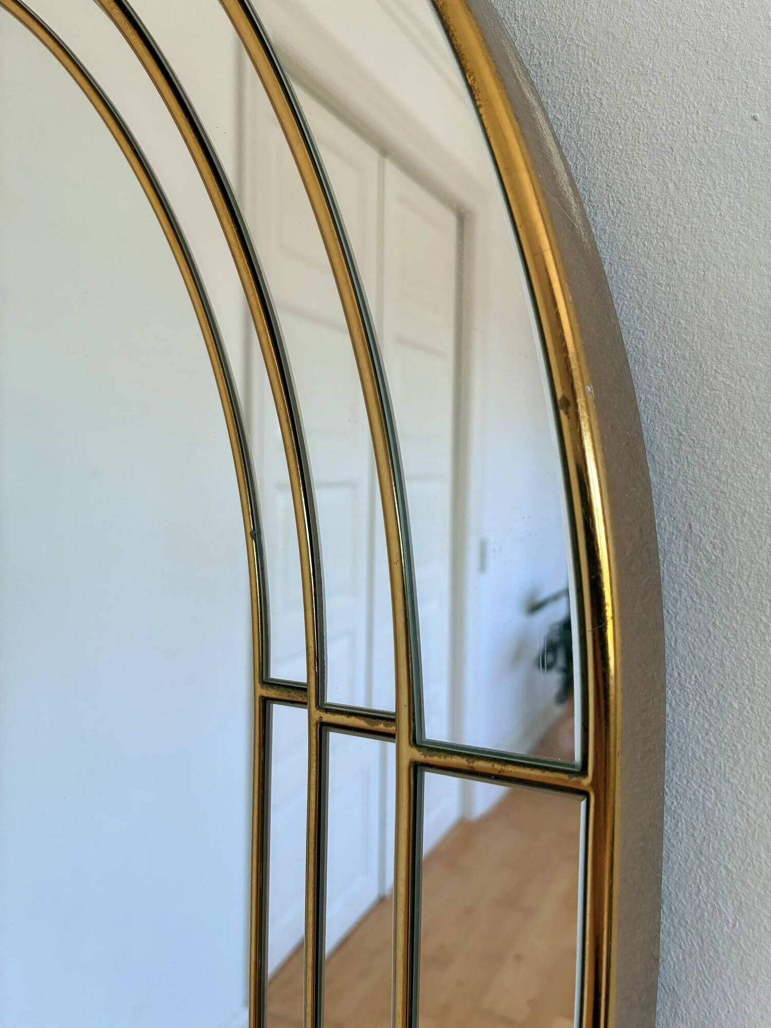 Large vintage Deknudt arched beveled panel mirror – gold, Belgium, 1980s