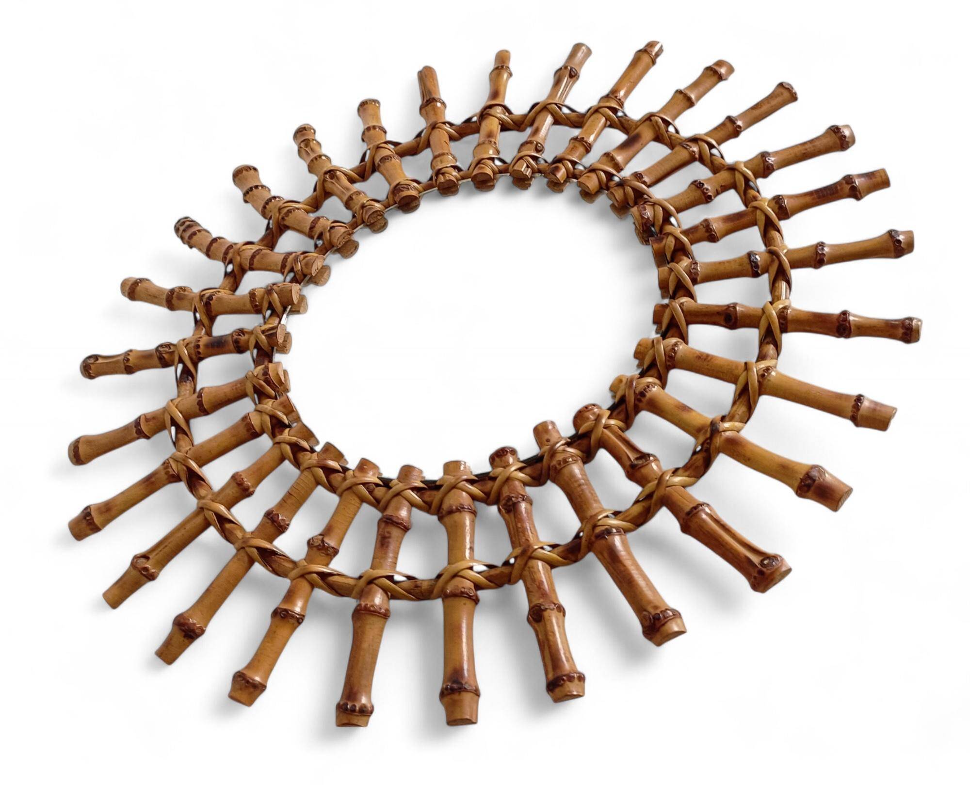 Midcentury Sunburst Mirror, Bamboo & Rattan, Handmade in France, 1950s