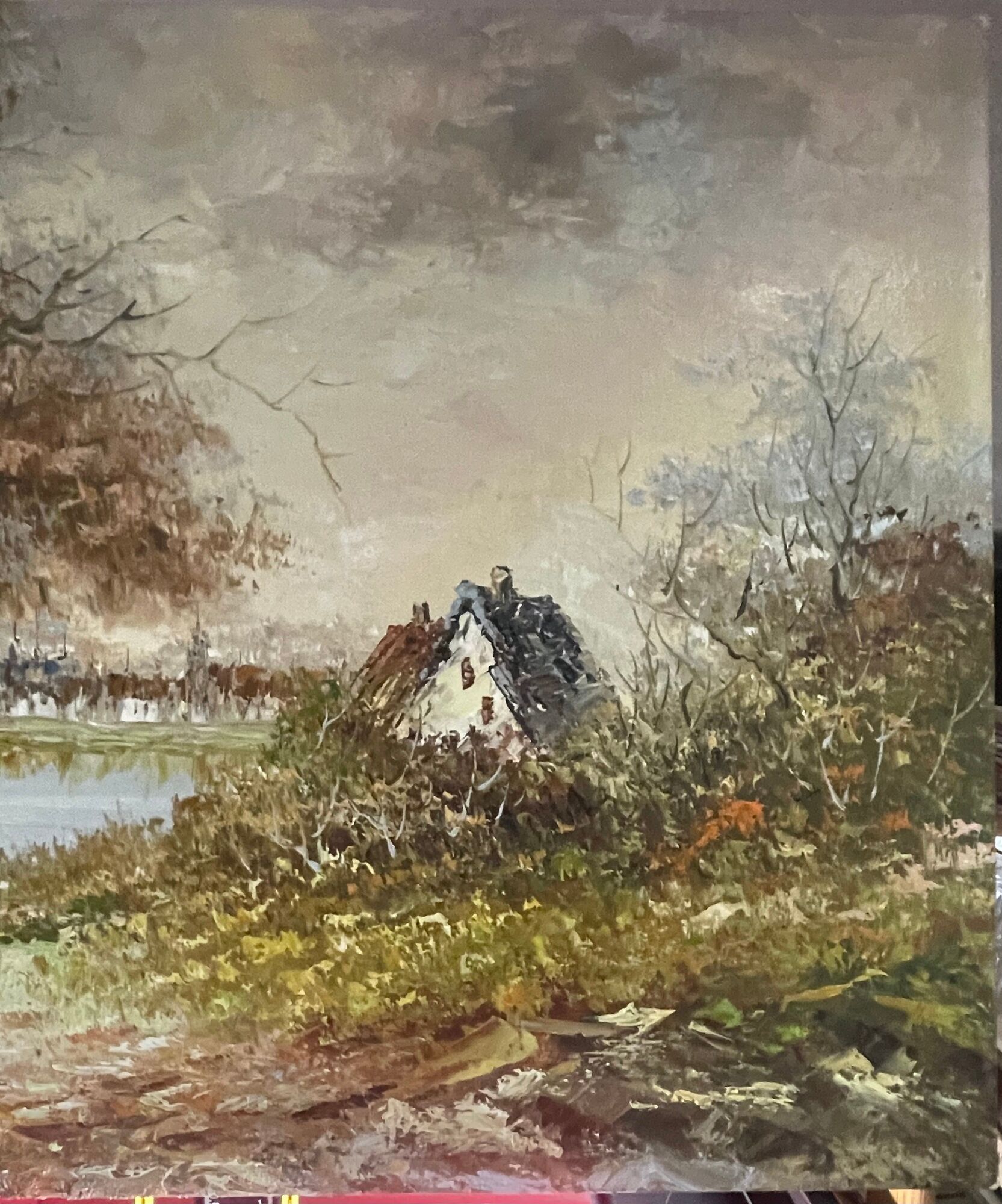 Oil painting on canvas animated lake landscape signed