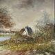 Oil painting on canvas animated lake landscape signed