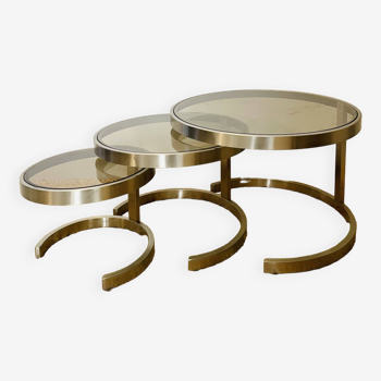 Three Nesting Tables in brushed steel and Smoked glass 1970