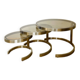 Three Nesting Tables in brushed steel and Smoked glass 1970