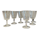 6 large antique stemmed glasses for wine or water with engraved arabesque pattern.