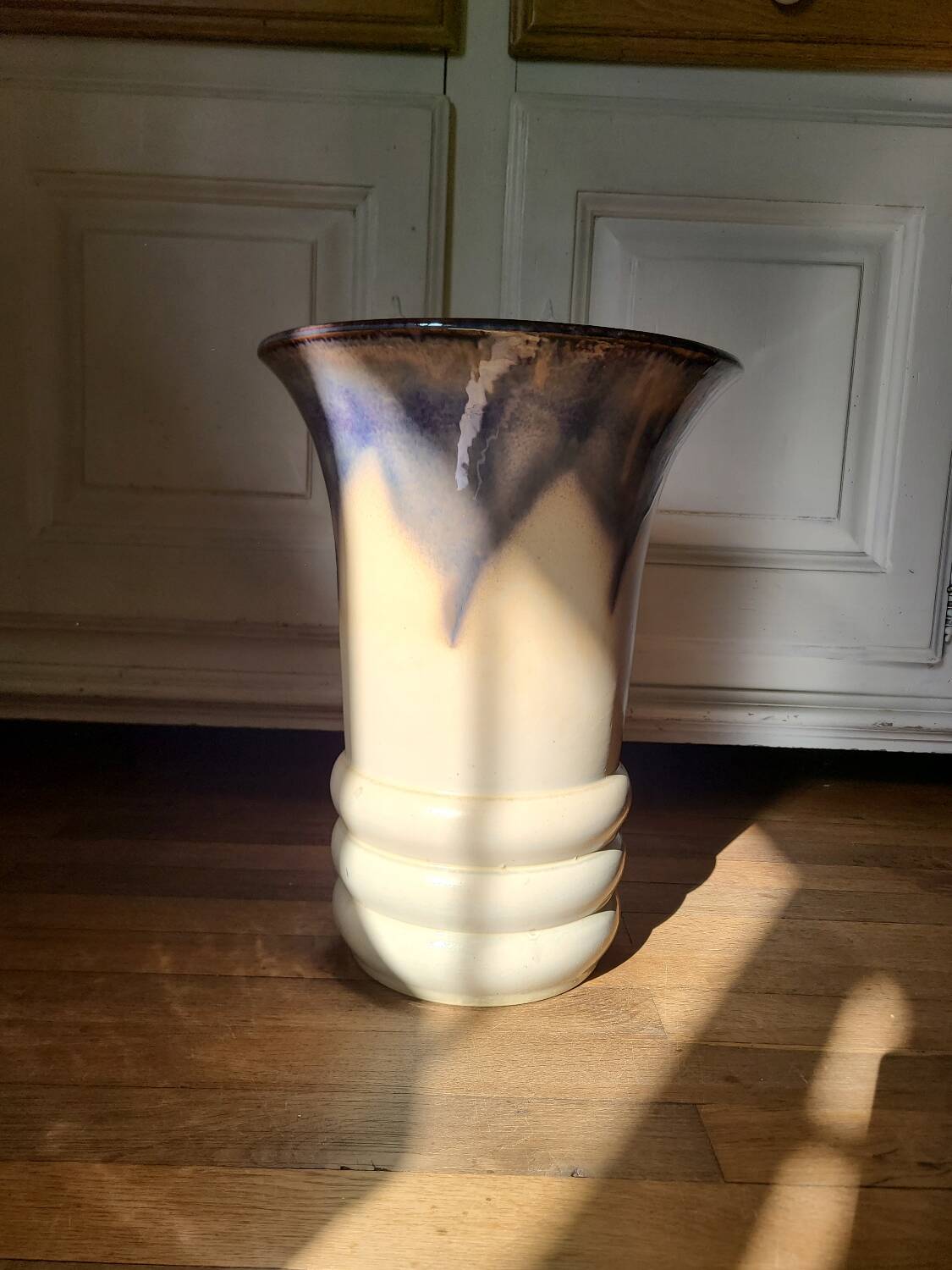 Large ceramic vase circa 50 blue/purple/beige enamel