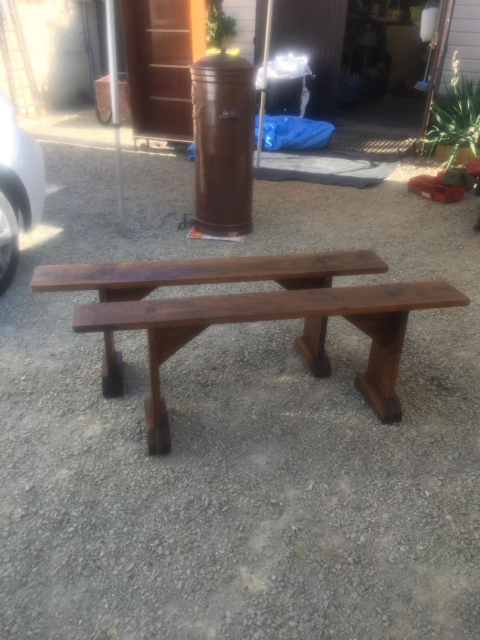 Pair of farm benches in rustic oak