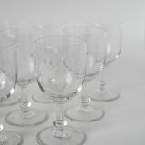 Set of 9 old wine glasses engraved in blown glass, early 20th century