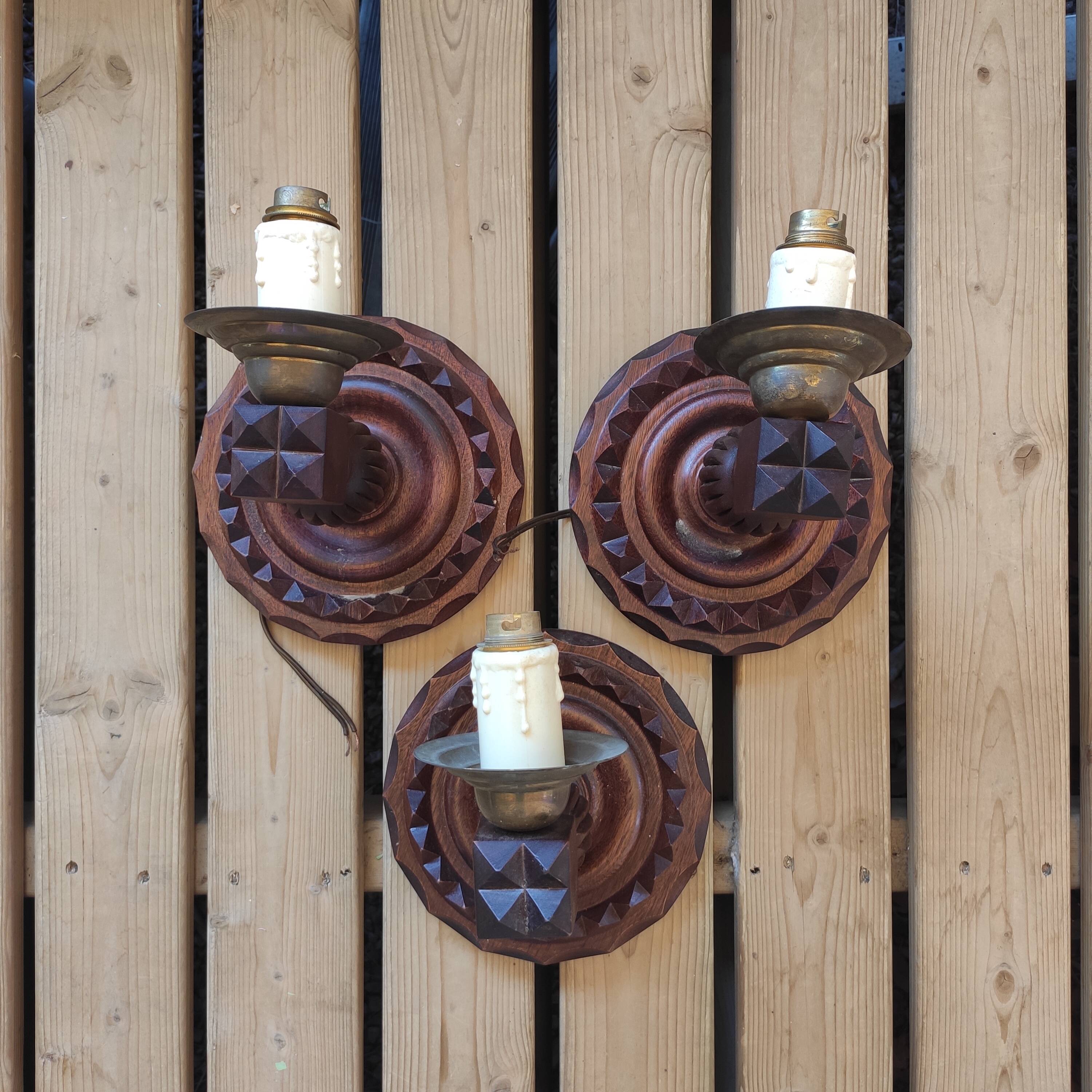 3 vintage wooden wall lights 1970