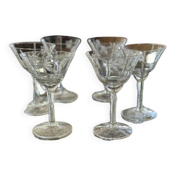Verres en cristal gravés à la main, vintage années 1940, lot de 6