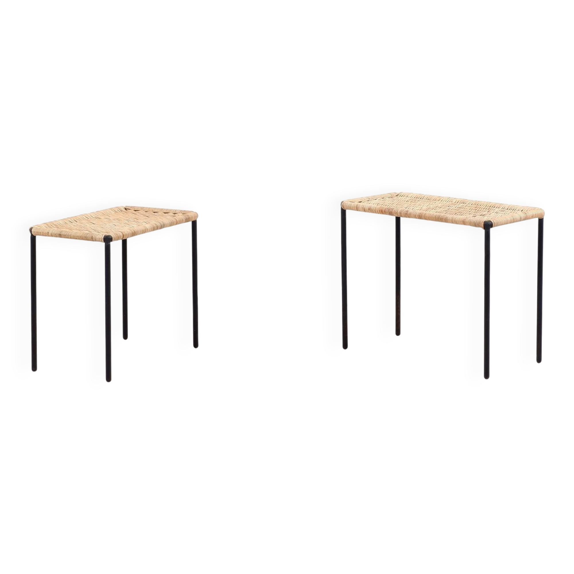 Nesting tables in metal / rattan by Carl Auböck