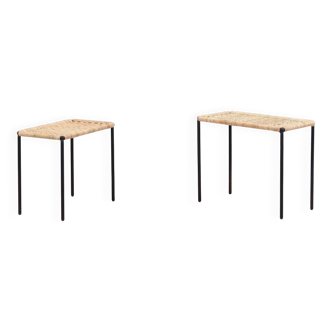 Nesting tables in metal / rattan by Carl Auböck